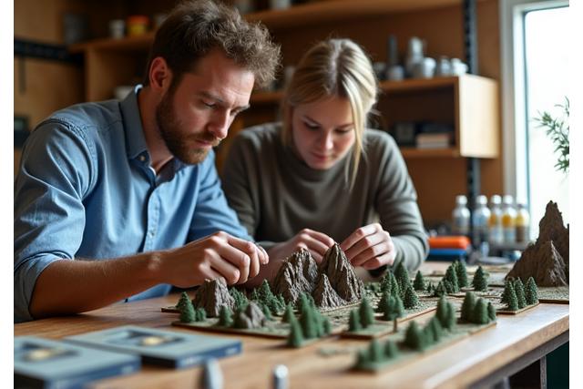 Founders discussing miniature mountain designs