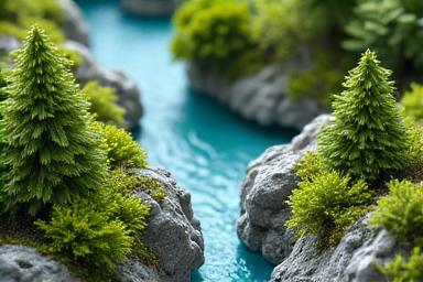 Overhead view of a detailed miniature landscape featuring lush green flora, tiny trees, and a winding river against rocky terrain.