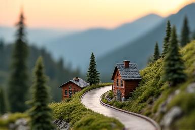 A beautifully composed miniature mountain diorama featuring a small, winding road and tiny alpine structures, showcasing scene composition.