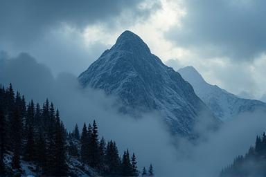 A dramatic miniature mountain scene with artificial lighting simulating a stormy sky and misty conditions, highlighting advanced atmospherics.