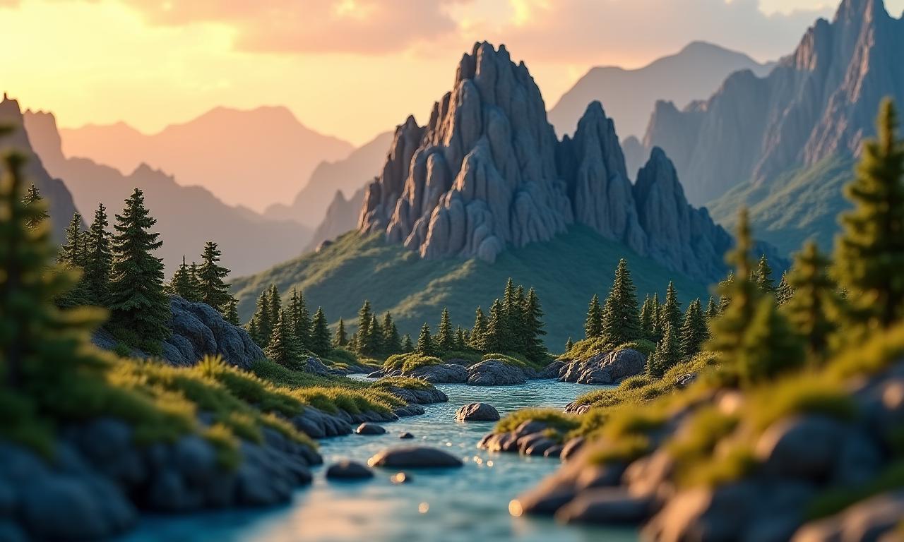 Stunningly detailed miniature mountain model with a dramatic landscape background