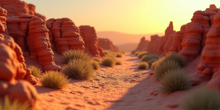 Intricate desert mesa miniature with reddish rock formations and sparse vegetation