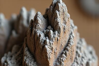 Close-up of a miniature mountain showing detailed rock layers in brown and grey