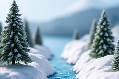 Miniature snowy mountain diorama with tiny evergreen trees and a flowing river effect