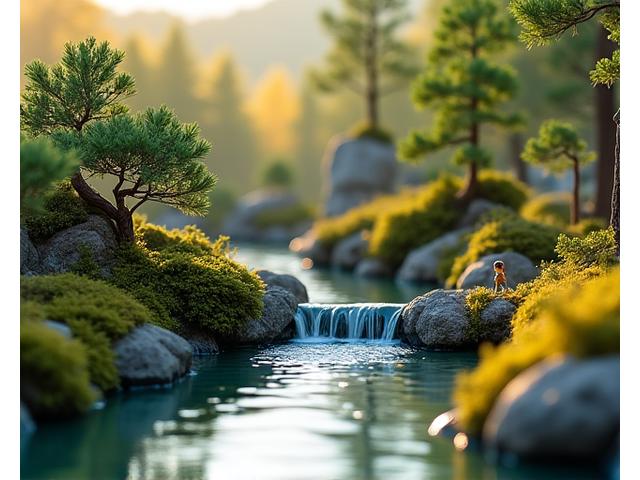 Artistic shot of a miniature landscape with tiny trees and water features, demonstrating expert craft.